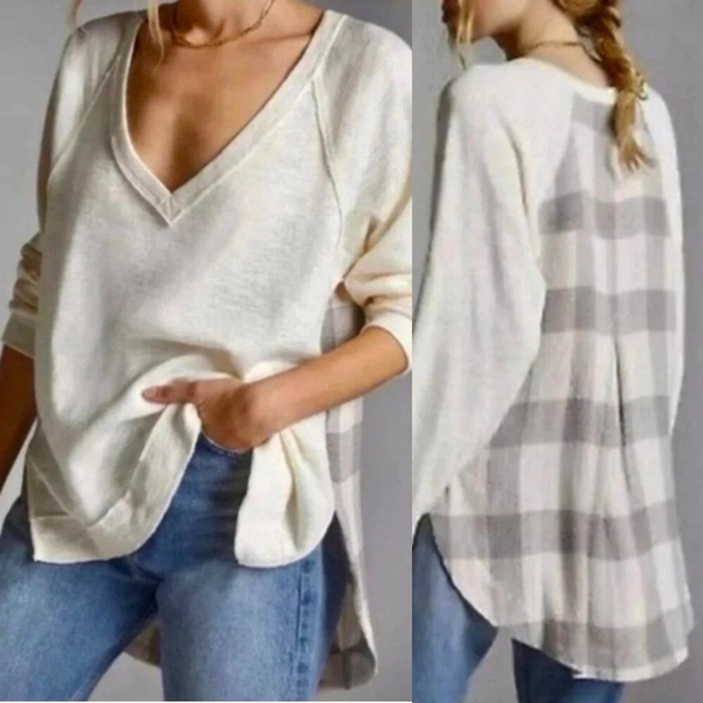 Anthropologie Pilcro XS Spring Textured Boyfriend Tunic Top Cream Gray Plaid
